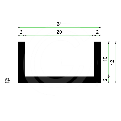 Rubber U Profiel| binnenmaat 20 mm | hoogte 12 mm | dikte 2 mm | Per Meter